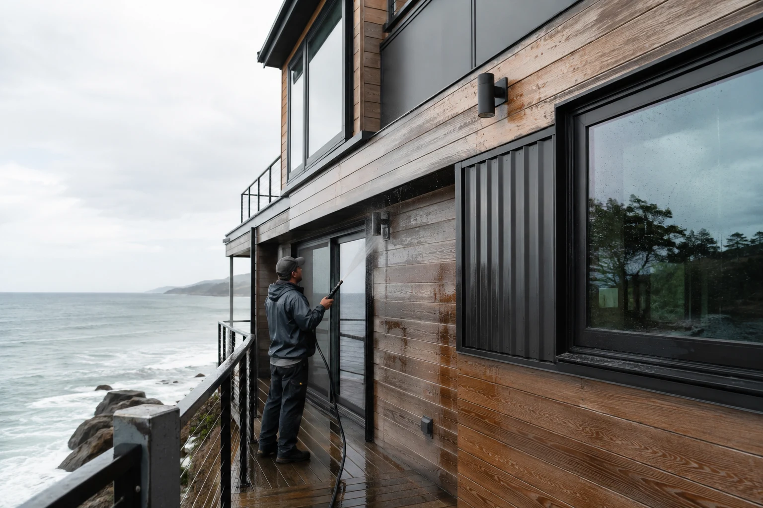 Technician using a low-pressure hose to rinse salt residue from a coastal metal-and-wood facade