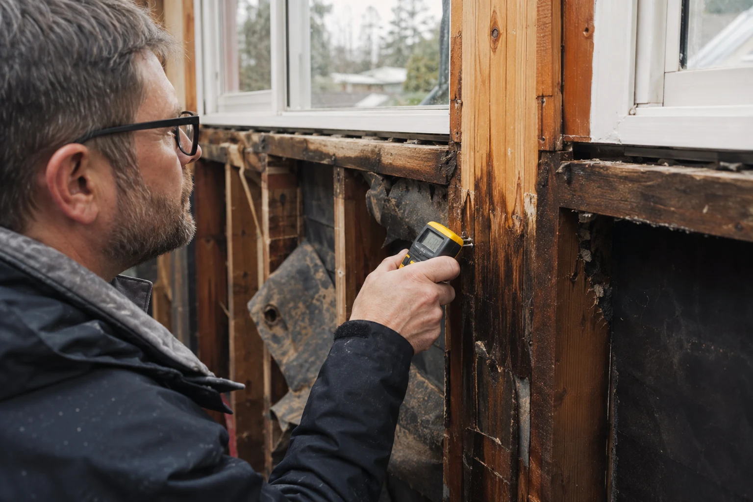 Building scientist testing damp wood framing in an opened exterior wall during a Pacific Northwest renovation