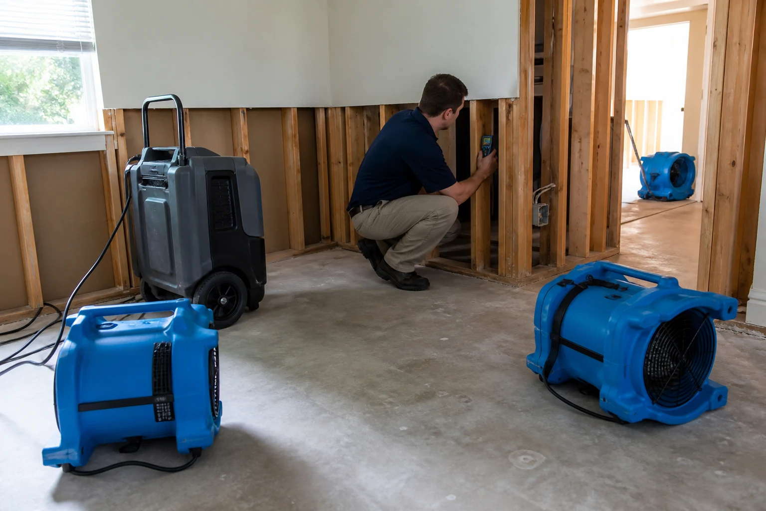 Technician documenting a safe drying setup with air movers and dehumidification equipment