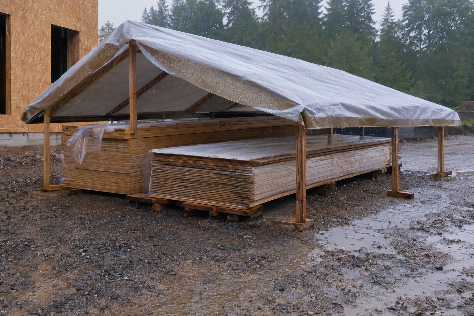 Lumber and sheathing elevated on dunnage beneath a ventilated rain canopy