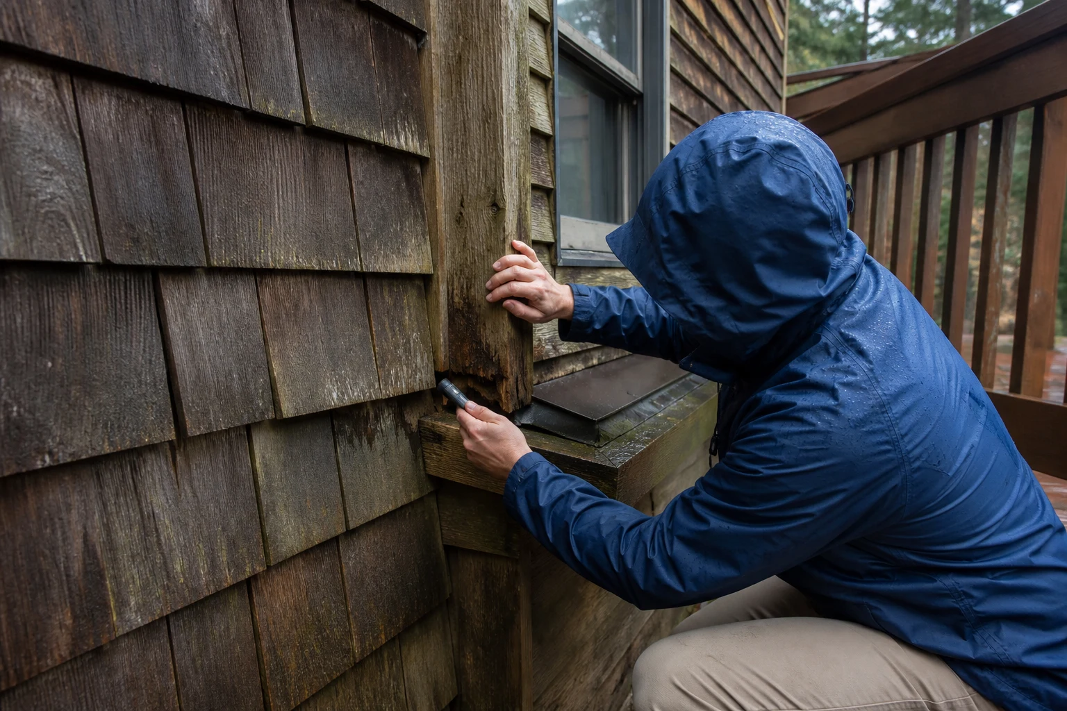 Maintenance professional inspecting weathered wood siding and trim beside a deck connection
